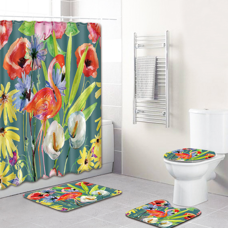 Ensemble rideau de douche en polyester à motif flamant rose avec tapis de bain antidérapant, tapis de bain et rideau de bain imperméable et durable.