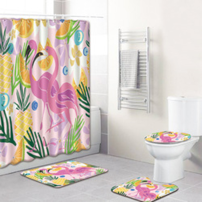 Ensemble rideau de douche en polyester à motif flamant rose avec tapis de bain antidérapant, tapis de bain et rideau de bain imperméable et durable.