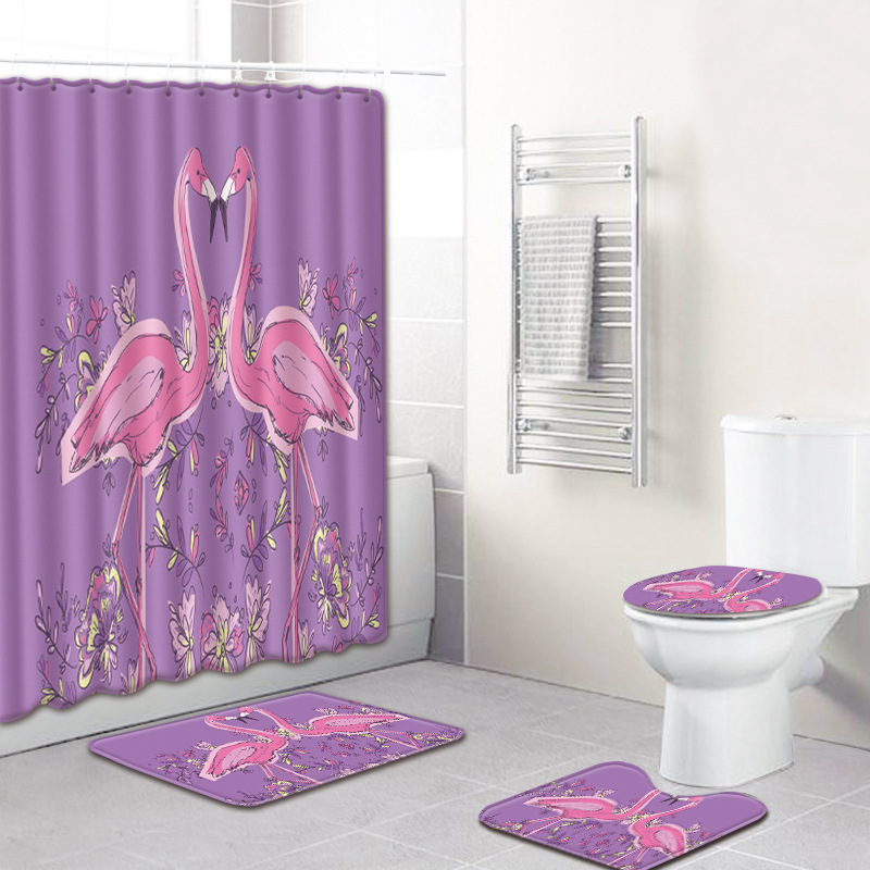 Ensemble rideau de douche en polyester à motif flamant rose avec tapis de bain antidérapant, tapis de bain et rideau de bain imperméable et durable.