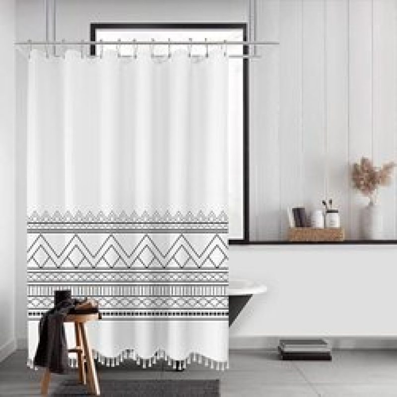 Polyester Waterproof Waffle Shower Curtain, Bathroom Printed Shower Curtain With Tassel$