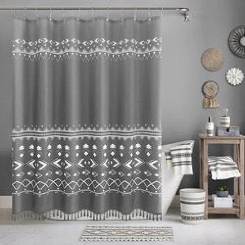 Polyester Waterproof Waffle Shower Curtain, Bathroom Printed Shower Curtain With Tassel$