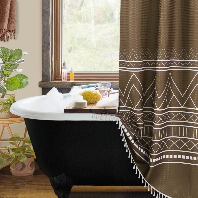 Polyester Waterproof Waffle Shower Curtain, Bathroom Printed Shower Curtain With Tassel$