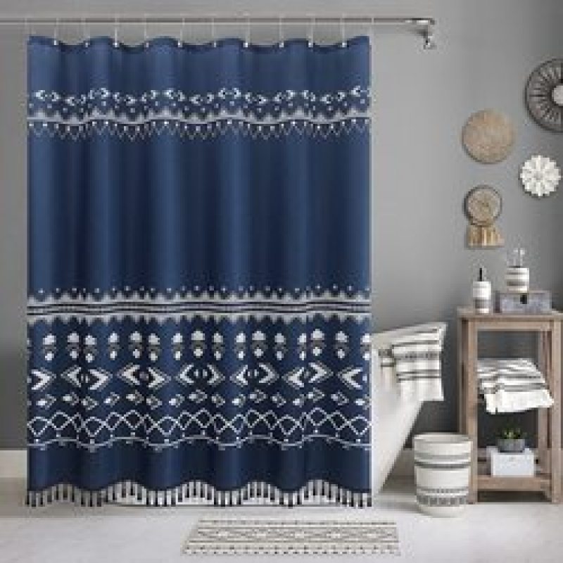 Polyester Waterproof Waffle Shower Curtain, Bathroom Printed Shower Curtain With Tassel$