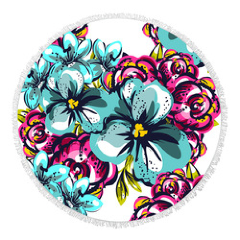 Custom Microfiber Beach Towel, Round Flower Print Quick Dry Beach Towel with Tassel #