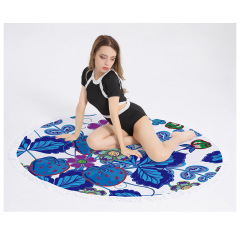 Custom Microfiber Beach Towel, Round Flower Print Quick Dry Beach Towel with Tassel #
