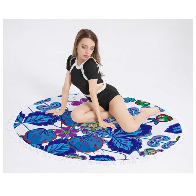 Custom Microfiber Beach Towel, Round Flower Print Quick Dry Beach Towel with Tassel #
