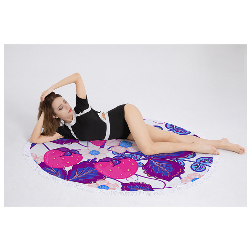 Custom Microfiber Beach Towel, Round Flower Print Quick Dry Beach Towel with Tassel #