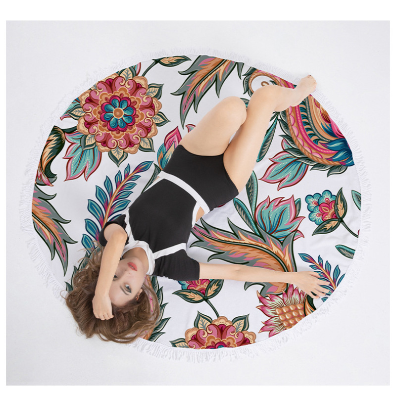 Custom Microfiber Beach Towel, Round Flower Print Quick Dry Beach Towel with Tassel #