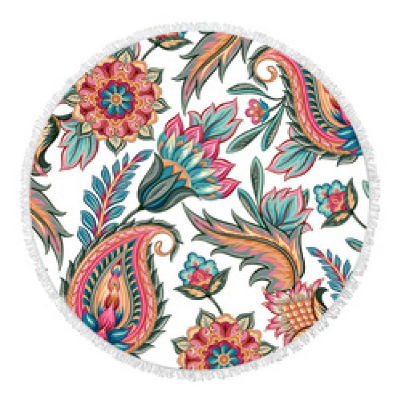 Custom Microfiber Beach Towel, Round Flower Print Quick Dry Beach Towel with Tassel #
