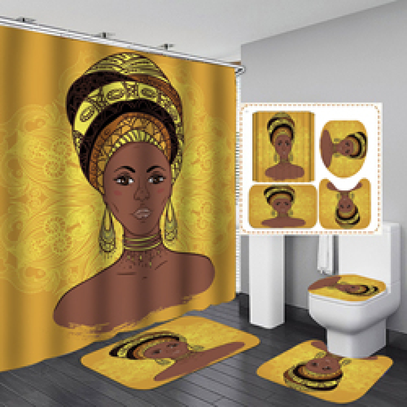 Customized African Women Waterproof Shower Curtain, Digital Print Polyester Non-Slip Rug Toilet Lid Cover Bath Shower Curtain/