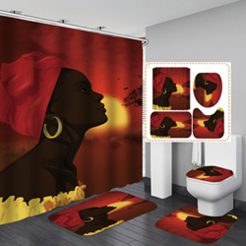 Customized African Women Waterproof Shower Curtain, Digital Print Polyester Non-Slip Rug Toilet Lid Cover Bath Shower Curtain/
