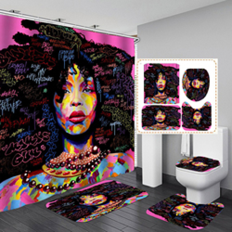 Customized African Women Waterproof Shower Curtain, Digital Print Polyester Non-Slip Rug Toilet Lid Cover Bath Shower Curtain/