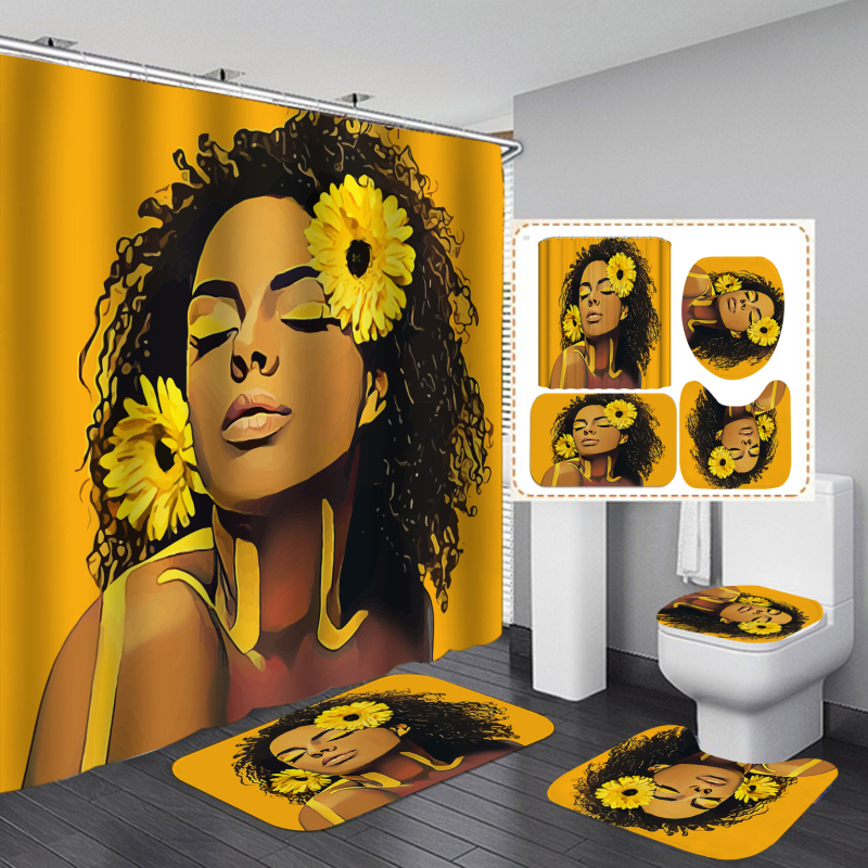Customized African Women Waterproof Shower Curtain, Digital Print Polyester Non-Slip Rug Toilet Lid Cover Bath Shower Curtain/