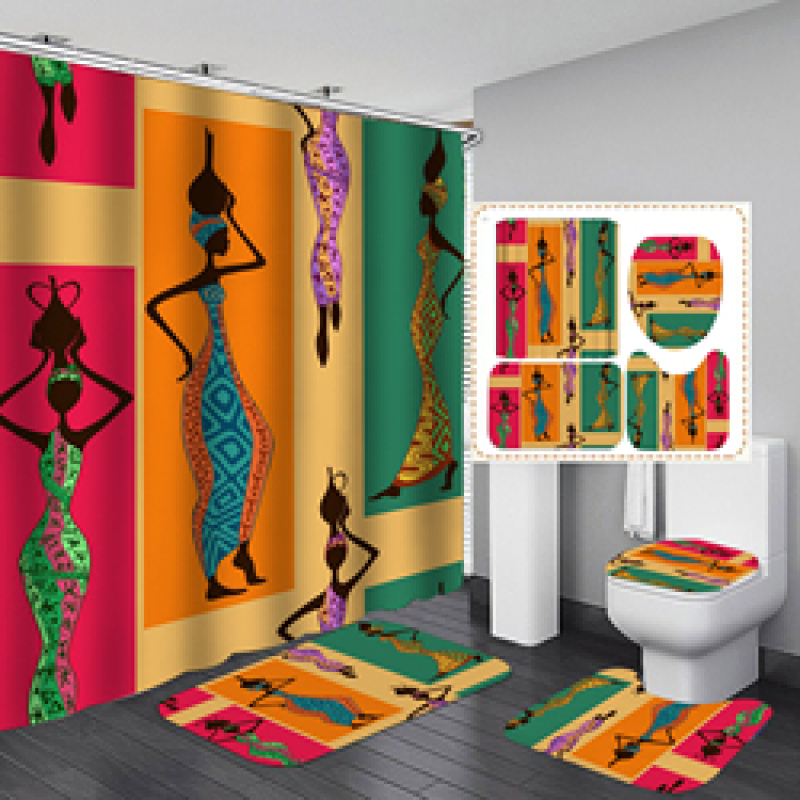 Customized African Women Waterproof Shower Curtain, Digital Print Polyester Non-Slip Rug Toilet Lid Cover Bath Shower Curtain/