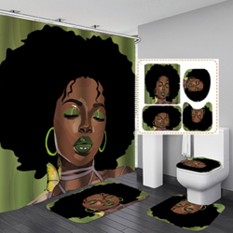 Customized African Women Waterproof Shower Curtain, Digital Print Polyester Non-Slip Rug Toilet Lid Cover Bath Shower Curtain/