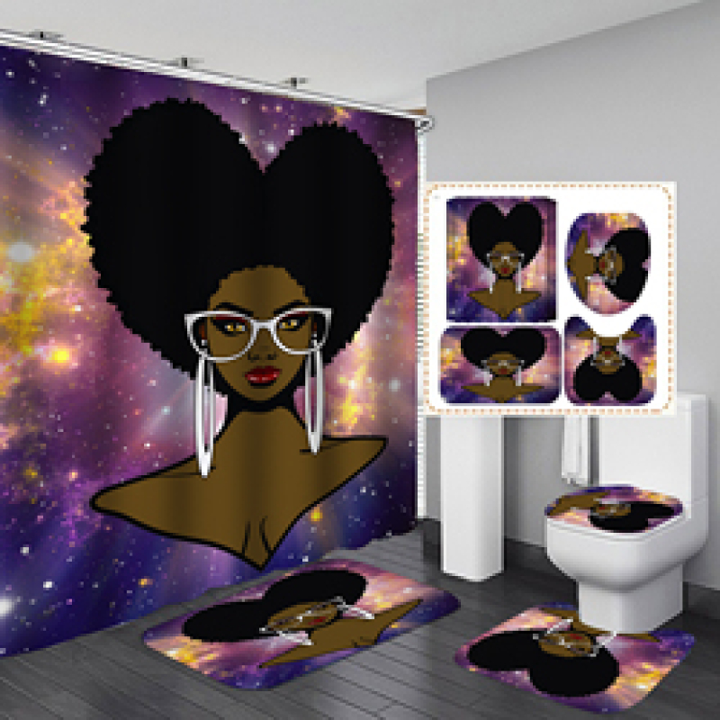 Customized African Women Waterproof Shower Curtain, Digital Print Polyester Non-Slip Rug Toilet Lid Cover Bath Shower Curtain/