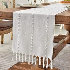 Hot Selling Rustic Linen Farmhouse Style 36 inches Long Embroidered Table Runner with Hand-Tassels for Party Wedding