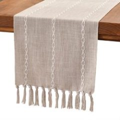 Hot Selling Rustic Linen Farmhouse Style 36 inches Long Embroidered Table Runner with Hand-Tassels for Party Wedding