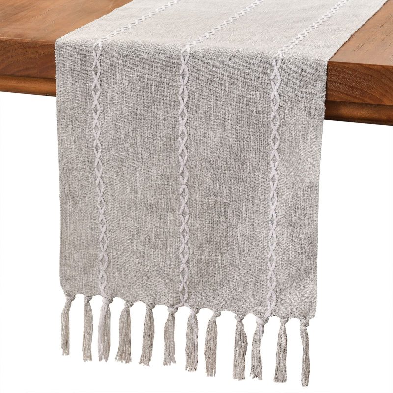 Hot Selling Rustic Linen Farmhouse Style 36 inches Long Embroidered Table Runner with Hand-Tassels for Party Wedding