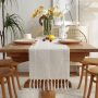 Hot Selling Rustic Linen Farmhouse Style 36 inches Long Embroidered Table Runner with Hand-Tassels for Party Wedding