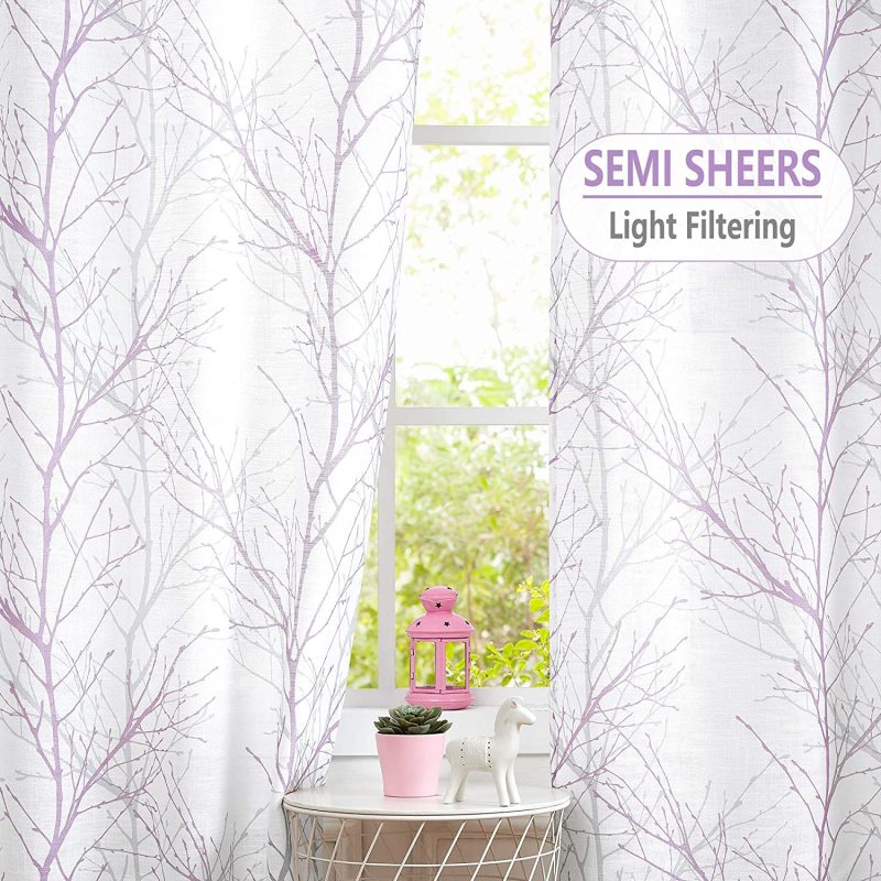 Internet celebrity hot products Small gray branch printing curtain set,Foil gold white tree print translucent curtain/