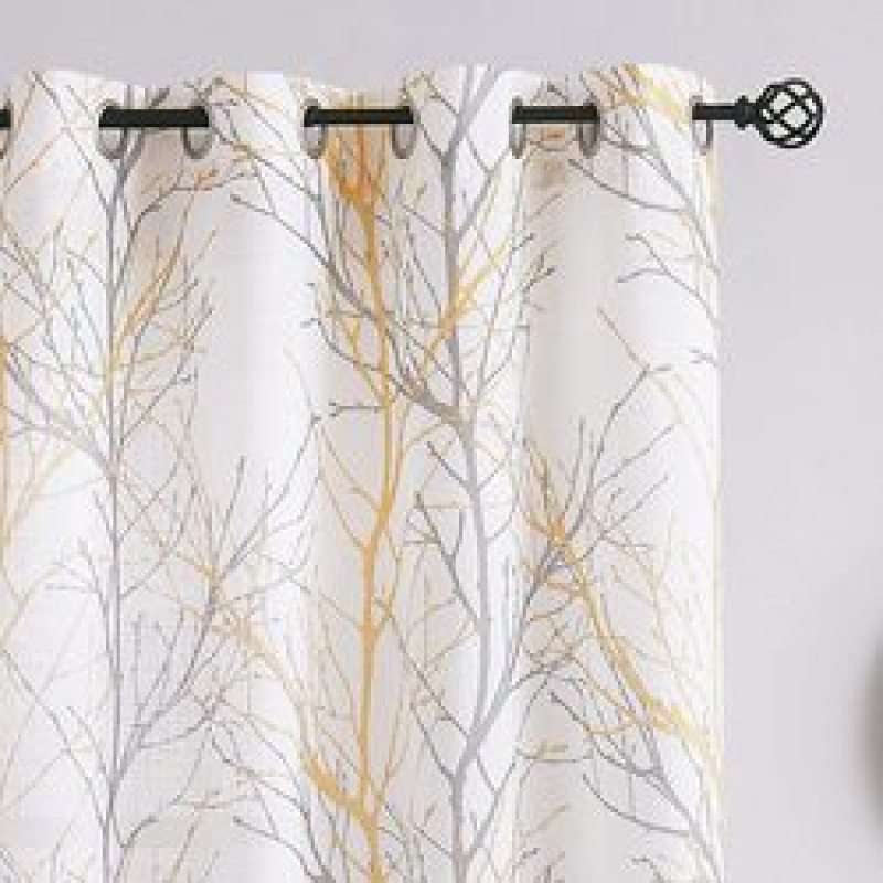 Internet celebrity hot products Small gray branch printing curtain set,Foil gold white tree print translucent curtain/