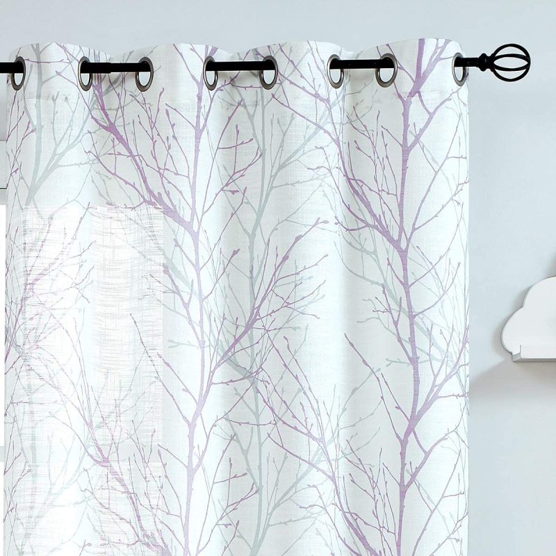Internet celebrity hot products Small gray branch printing curtain set,Foil gold white tree print translucent curtain/