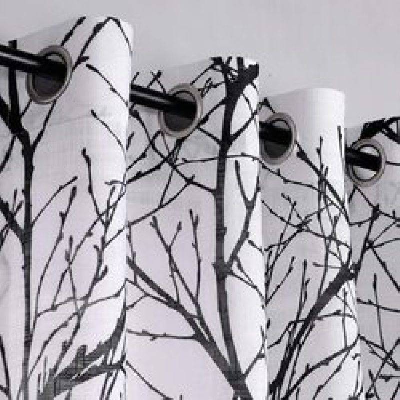 Internet celebrity hot products Small gray branch printing curtain set,Foil gold white tree print translucent curtain/