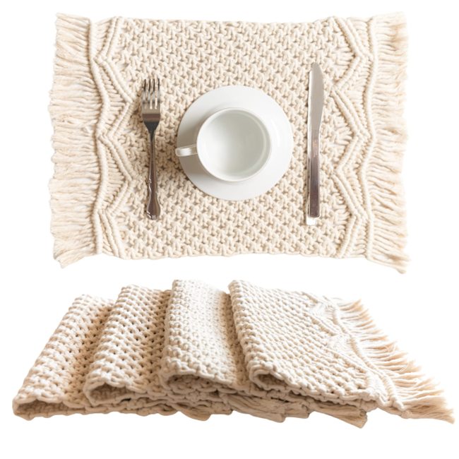 Handmade Cotton Macrame Placemats Set of 4, Woven Boho Placemats,  Modern Farmhouse Fringe Placemats for Dining Table Kitchen#