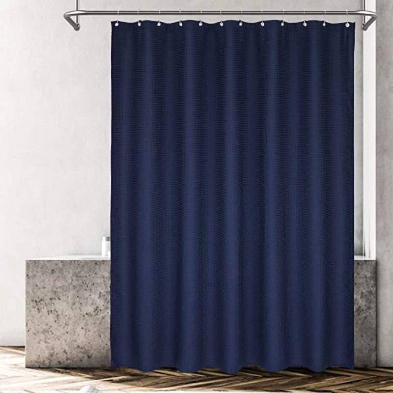 Hot Sell Navy Blue Waffle Weave Hotel Luxury Spa Bathroom Polyester Shower Curtain, 230gsm Quality Heavy Duty Shower Curtain/