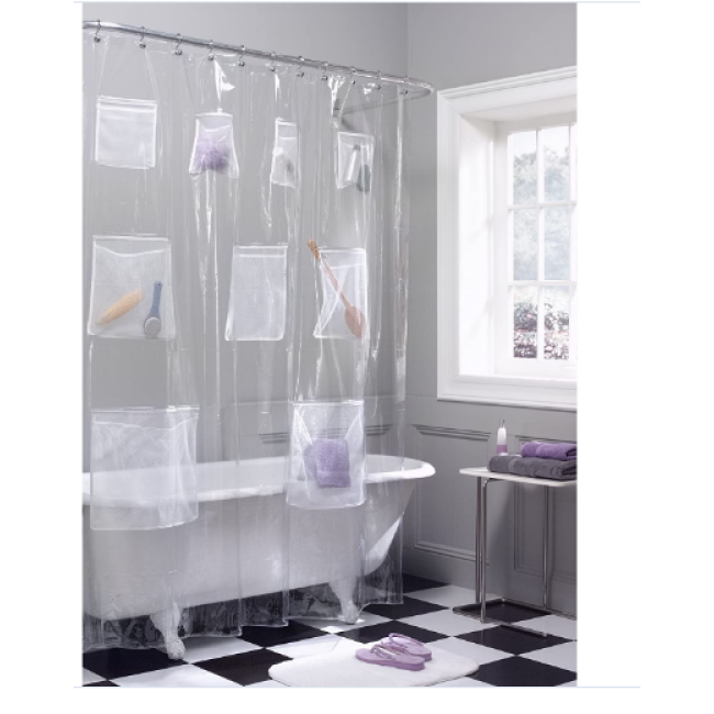 Quick Dry Mesh Pockets Waterproof PEVA Shower Curtain or Liner, Bath / Shower Organizer, Clear