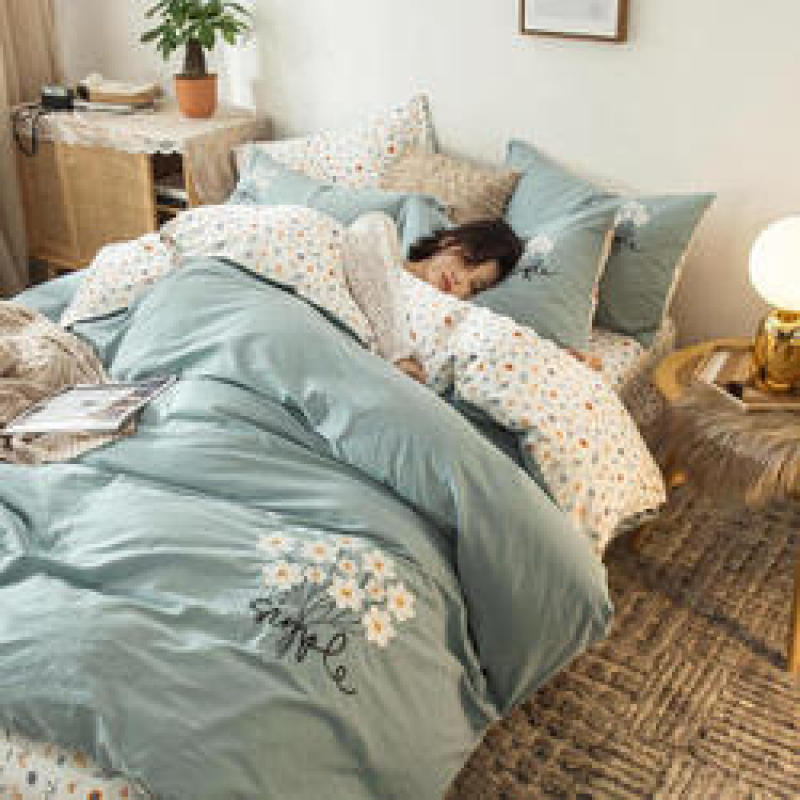 Home Bedding Set 100% Cotton Luxury, 4 Pcs Embroidery Comforter Set Bedding/