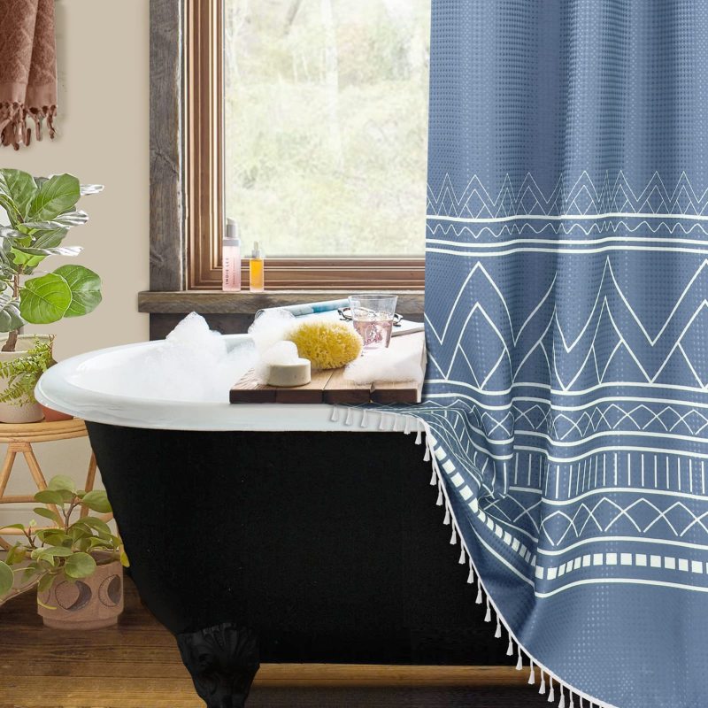 OEM Waffle Weave Shower Curtains,  Wholesale Printed Shower Curtains with Tassel$