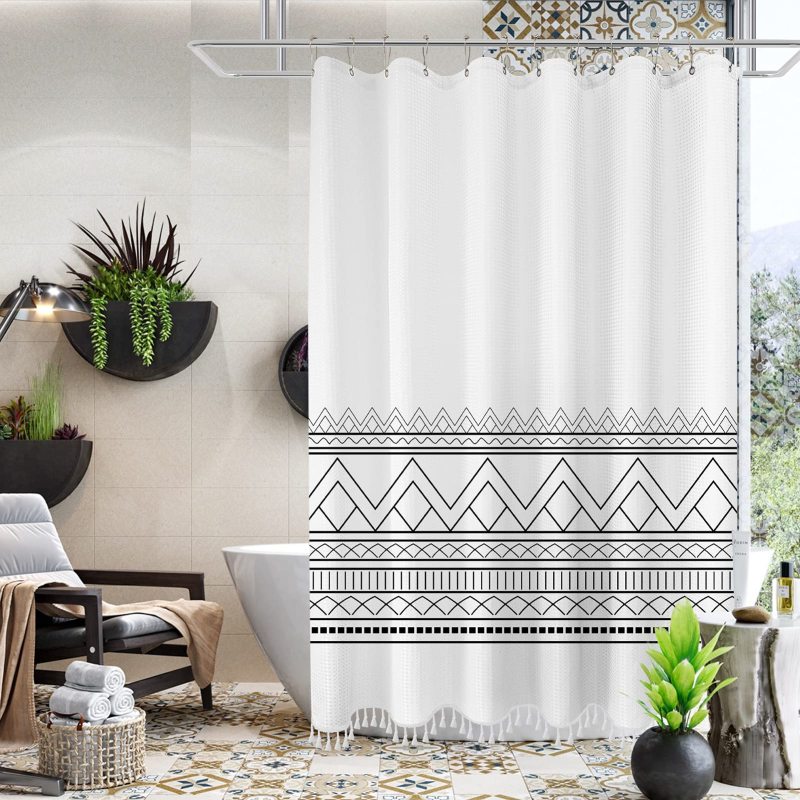 OEM Waffle Weave Shower Curtains,  Wholesale Printed Shower Curtains with Tassel$