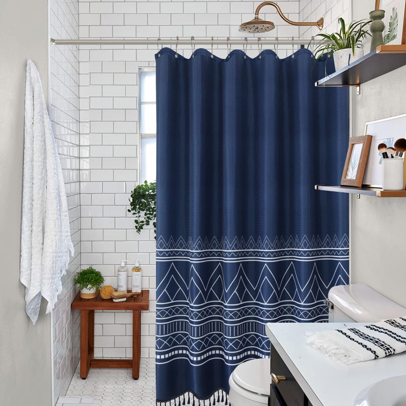 OEM Waffle Weave Shower Curtains,  Wholesale Printed Shower Curtains with Tassel$