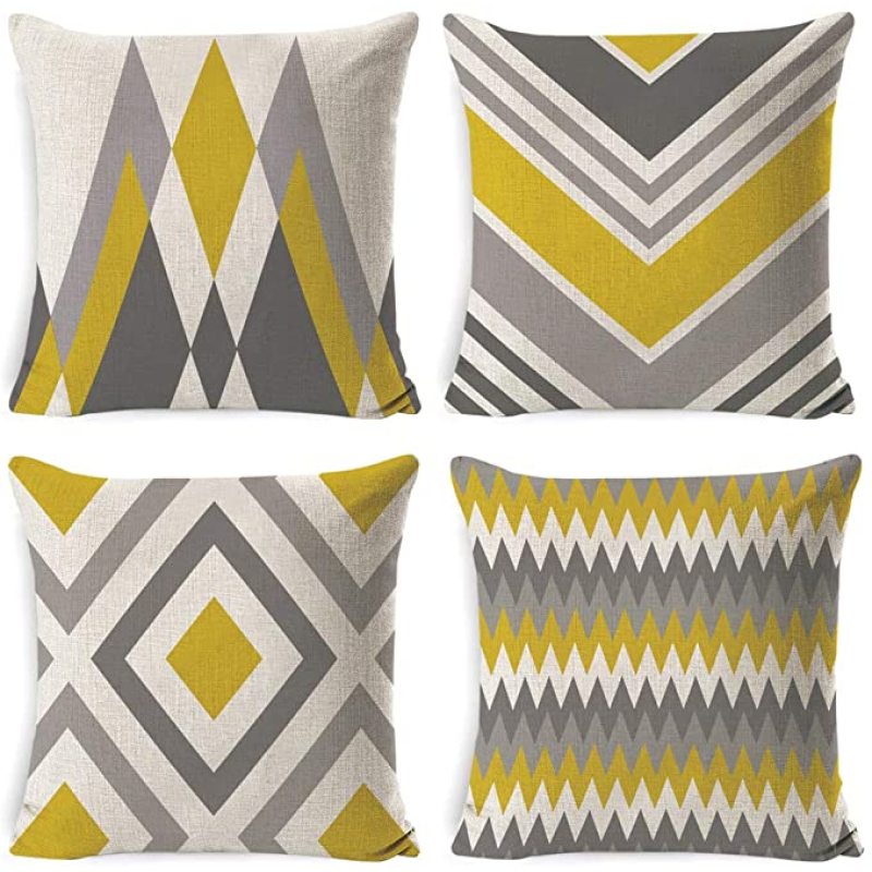 Farmhouse Burlap Square Cushion Covers for Sofa, Bench, Bed, Auto Seat, Yellow/grey Modern Simple Geometric Style Cotton Linen