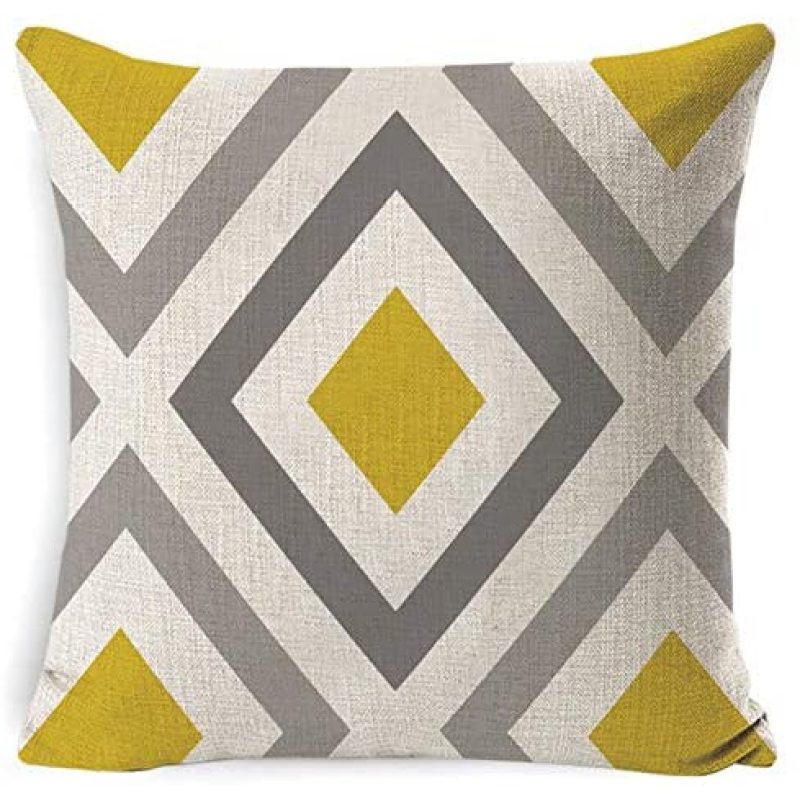 Farmhouse Burlap Square Cushion Covers for Sofa, Bench, Bed, Auto Seat, Yellow/grey Modern Simple Geometric Style Cotton Linen