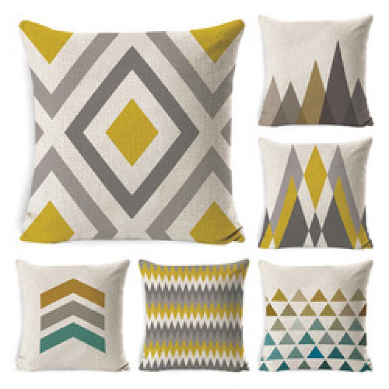 Farmhouse Burlap Square Cushion Covers for Sofa, Bench, Bed, Auto Seat, Yellow/grey Modern Simple Geometric Style Cotton Linen