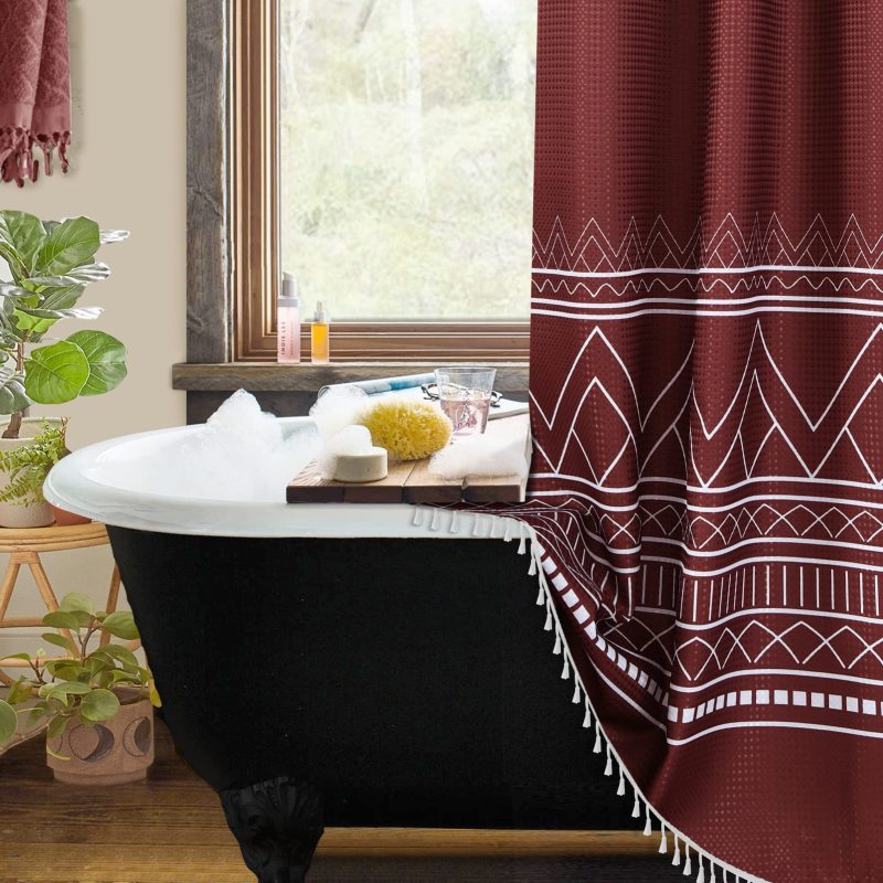 Durable Waffle Pattern Weave Shower Curtain, Mildew Resistant Bathroom Curtain With Tassel$