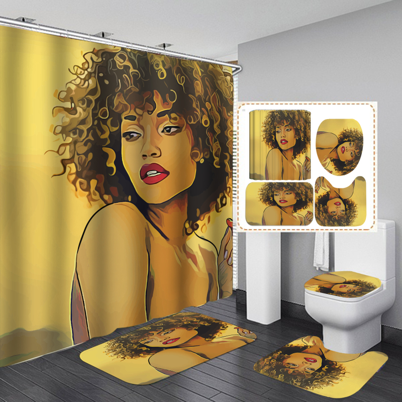 Hot Sale Wholesale Sexy African Woman Print Shower Curtain Set, Bathroom Anti Fungal Extra Long Extra Wide Shower Curtain Set/