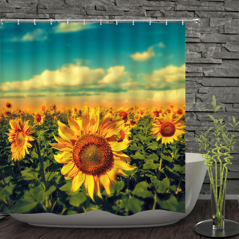 3D Sunflower Shower Curtain,Sunflower And Sky Music Notes Shower Curtain/