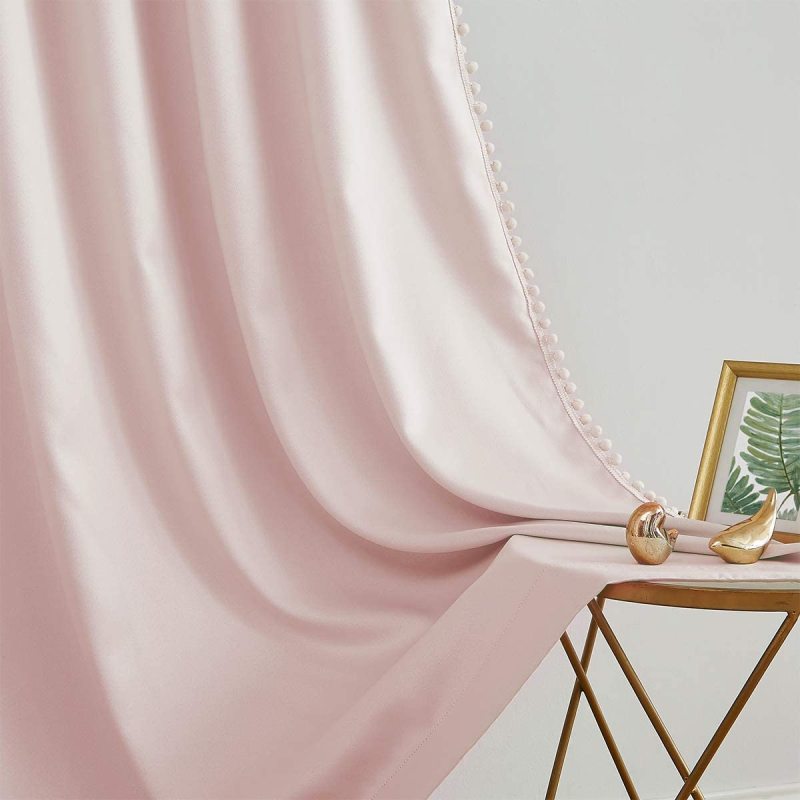 Opaque pink ball tassel curtains for bedroom, living room, insulation, window treatment&