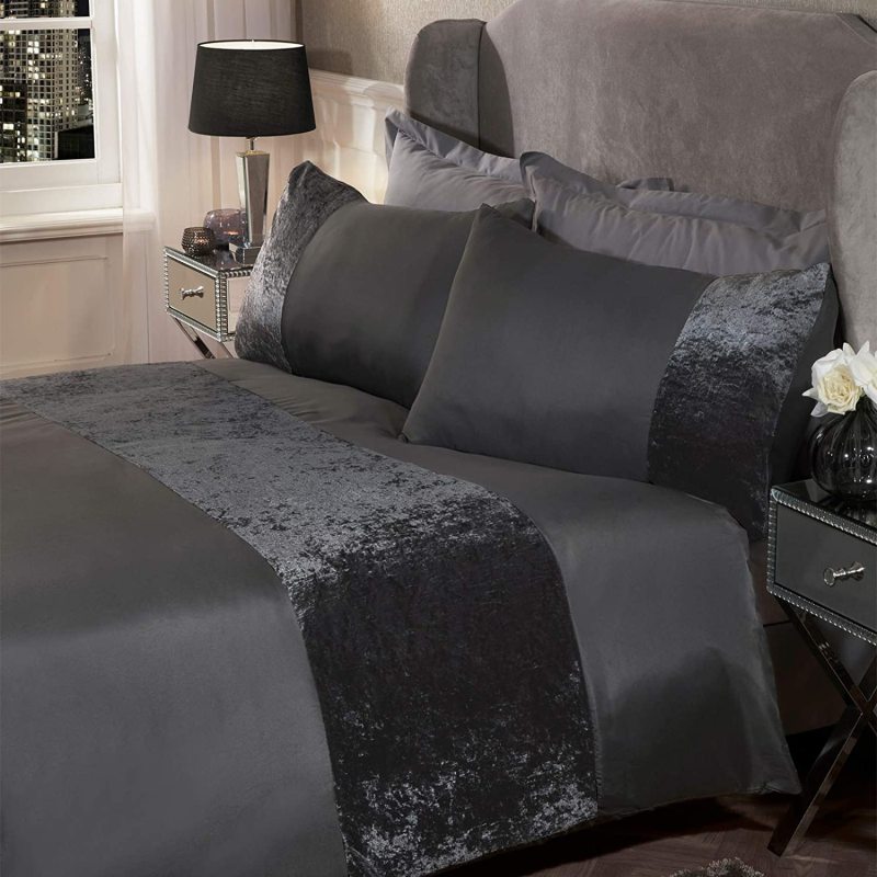 Single/Double/King/Super King Crushed Velvet Panel Band Duvet Cover with Pillowcases Bedding Set