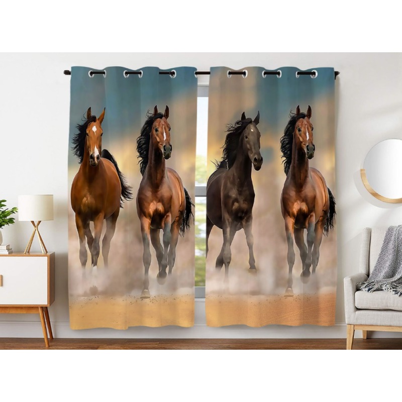Blackout Curtains 2 Panels Grommet Curtains for Bedroom Funny Brown 4 Horse Animal,3D Curtain For Livingroom/