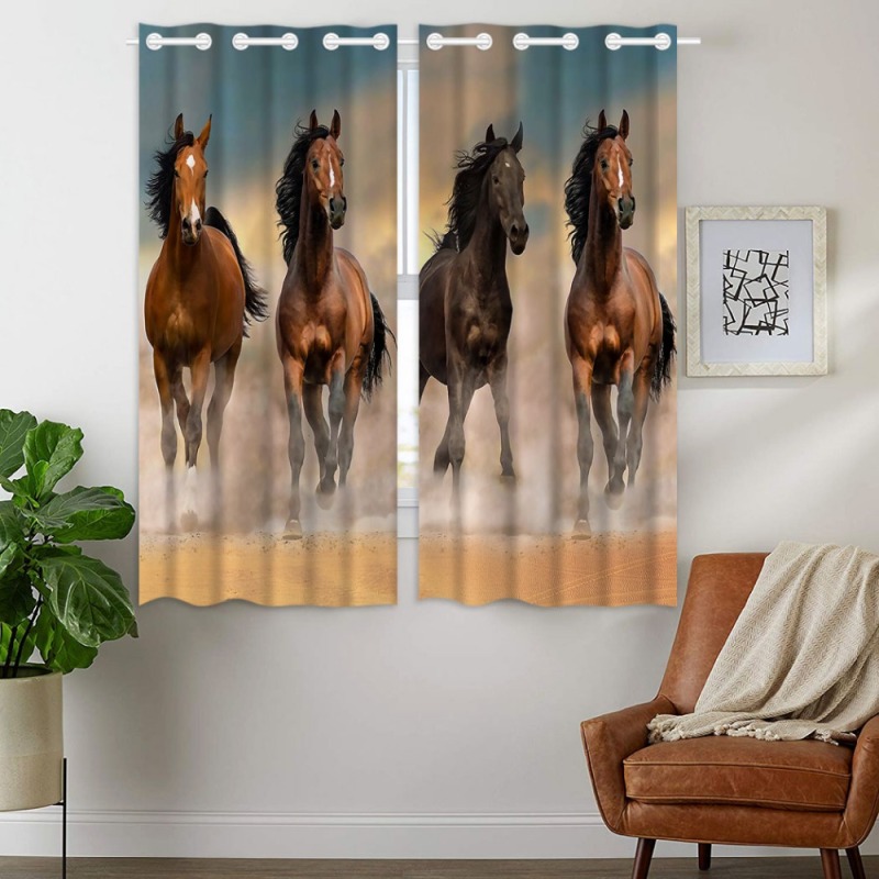 Blackout Curtains 2 Panels Grommet Curtains for Bedroom Funny Brown 4 Horse Animal,3D Curtain For Livingroom/