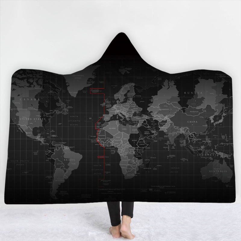 World Map Series Blanket, Polar Fleece Cape with Hat Starry Sky Black Thick Hooded Blanket#