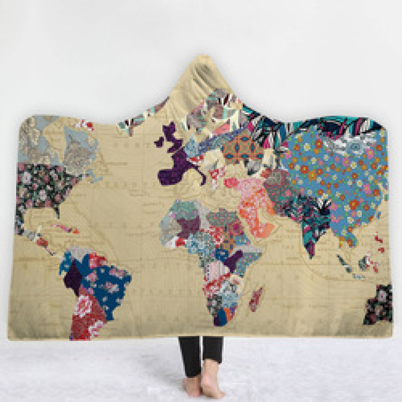 World Map Series Blanket, Polar Fleece Cape with Hat Starry Sky Black Thick Hooded Blanket#