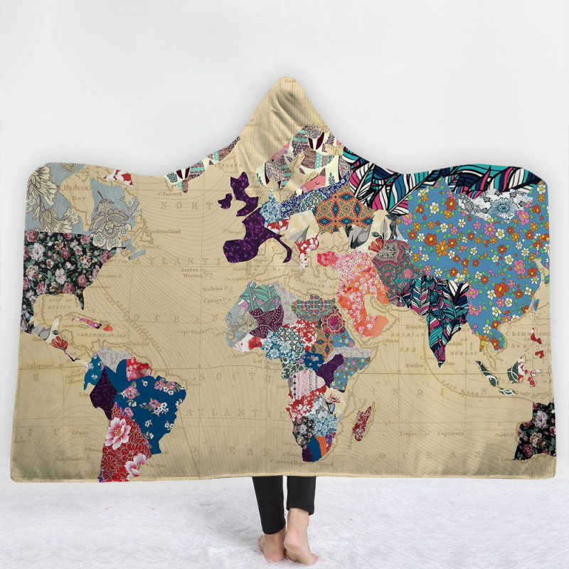 World Map Series Blanket, Polar Fleece Cape with Hat Starry Sky Black Thick Hooded Blanket#