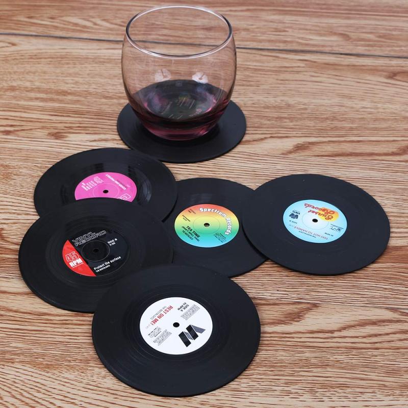 High Quality 6 Piece a set  Customize Logo Vinyl Soft PVC Rubber Retro Record Coaster Mat For Kitchen Living Room