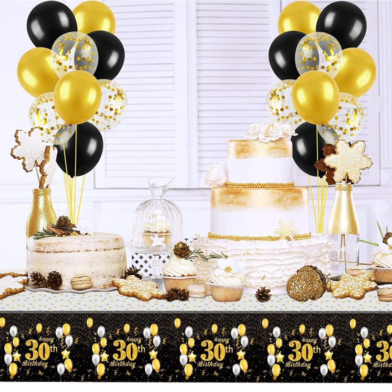New Products Black Gold Happy 30th Birthday 100% PE 137*274cm Rectangular Plastic Tablecloth for Party Decorations